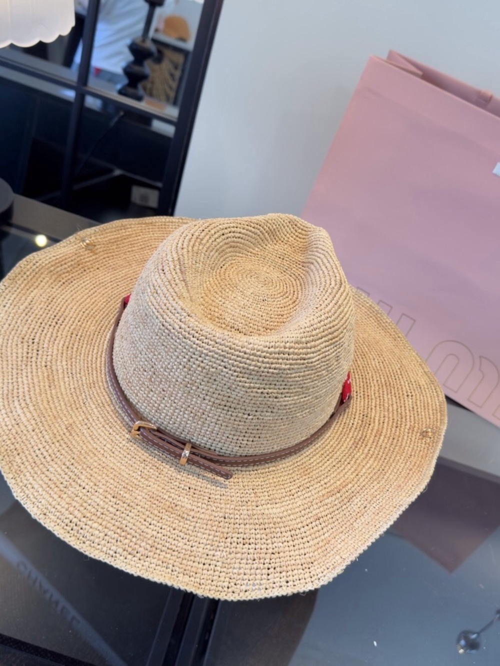 Miu Miu Natural Straw Hat with Red Rope Trim - Picture 4 of 6